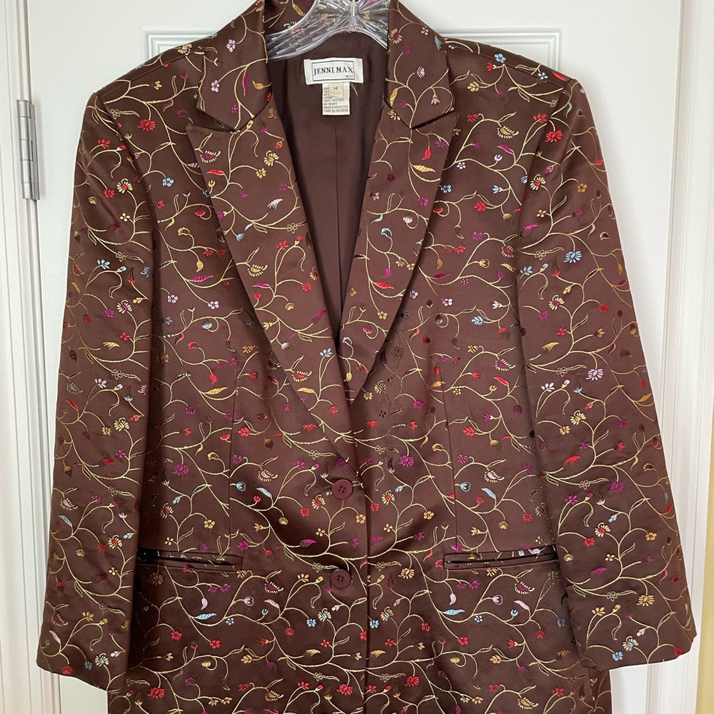 VTG JENNI MAX Brown Silk Blend Asian-Inspired Embroidered Floral Blazer …